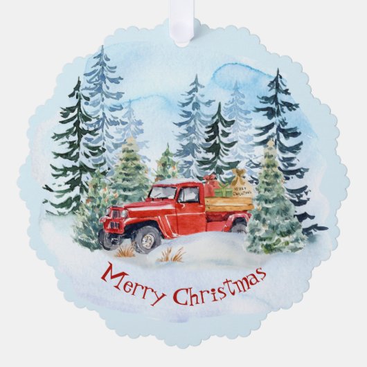 Kerst rode vrachtwagen sneeuwman familie ornament kaart (Voorkant)