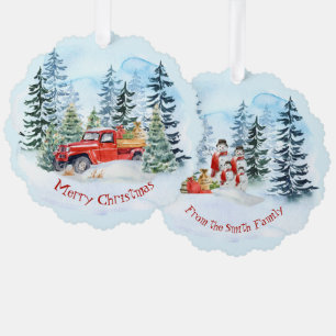 Kerst  rode vrachtwagen sneeuwman familie ornament kaart