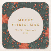 Kerst Rood Botanisch Groen Aangepast Vierkante Kartonnen Onderzetter (Voorkant)