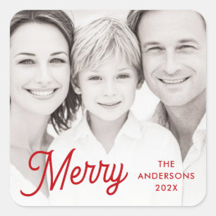 Kerst rood feestelijke retro lettertype naam jaar vierkante sticker
