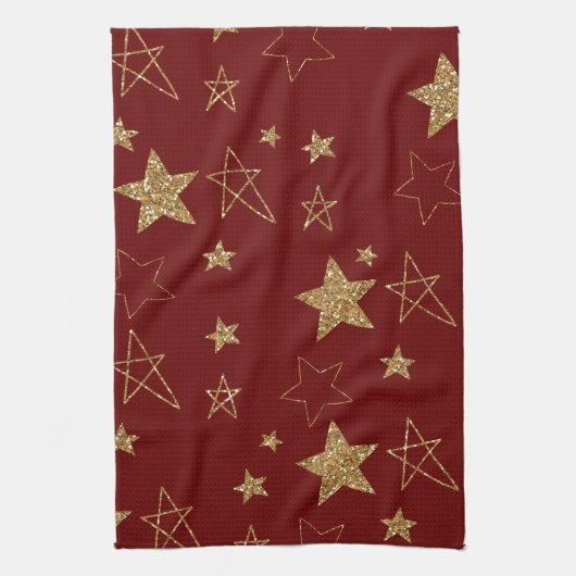 Kerst Rood Goud Glitter Stars Theedoek (Verticaal)