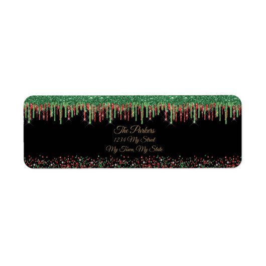 Kerst Rood Groen Glitter Dripping Zwart Glam Etiket (Voorkant)