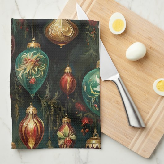 Kerst Rood Groen Goud Ornamenten Theedoek (Quarter Fold)