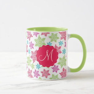 Kerst Rood, Groen, roze, lichtblauwe sneeuwvlokken Mok