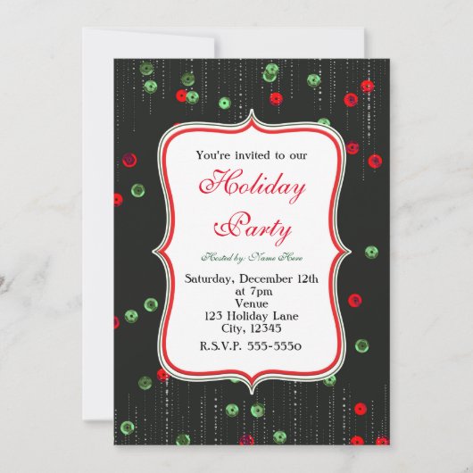 Kerst Rood & Groen Sequins Vakantie Uitnodigingen (Voorkant)