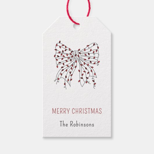 Kerst Rood String Light Bow Minimal Doodle Cadeaulabel (Voorkant)