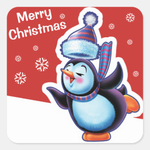 Kerst rood vierkant sticker Penguin schaatsen.