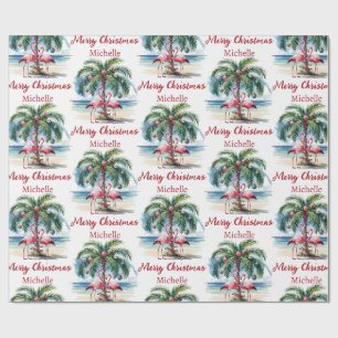 Kerst Roze Flamingo Palmbomen Persoonlijk Cadeaupapier