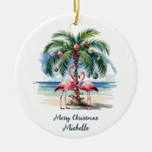 Kerst Roze Flamingo Palmboom Bomen Persoonlijk Keramisch Ornament