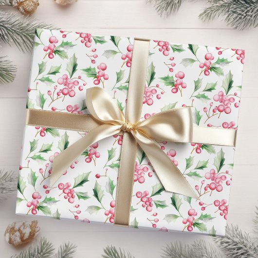 Kerst Roze Holly bessen Cadeaupapier