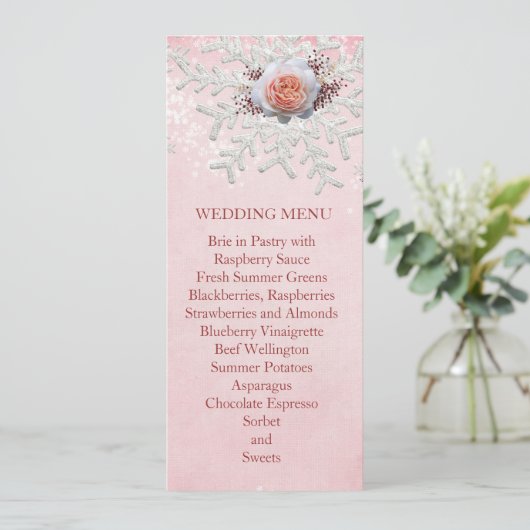 Kerst Roze Rozen Sneeuwvlokken Bruiloft Menu (Staand voorkant)
