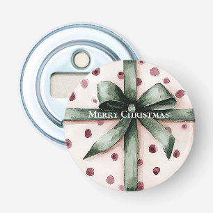Kerst Roze Stippen Groen Lint & Boog Button Flesopener