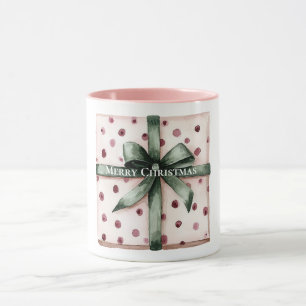 Kerst Roze Stippen Groen Lint & Boog Mok