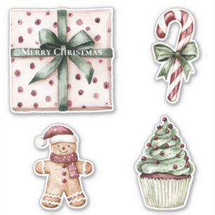 Kerst Roze Stippen Groen Lint & Boog Sticker