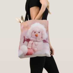 Kerst Roze & Wit Fluffy Snowman Draagtas