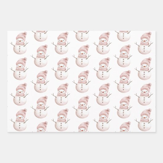 Kerst Roze Witte Sneeuwman Herten Groene Bomen Inpakpapier Vel (Voorkant)