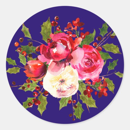 Kerst Rozen Holly en bessen Ronde Sticker (Voorkant)