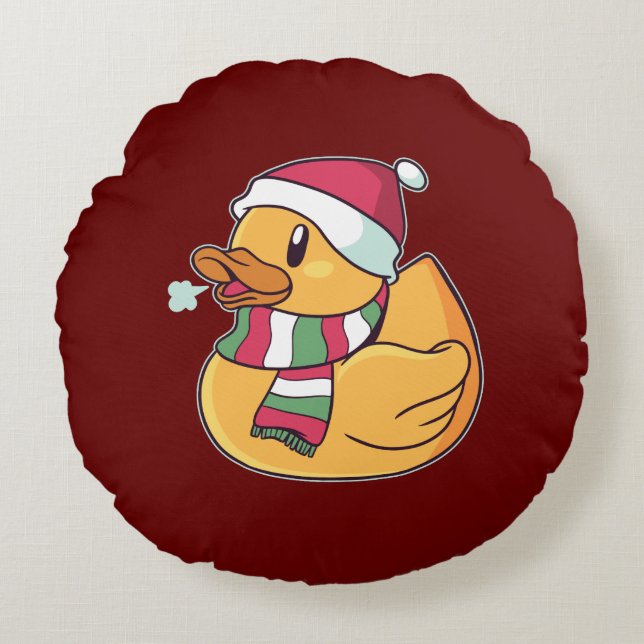 Kerst Rubber Eend  Rond Kussen (Voorkant)