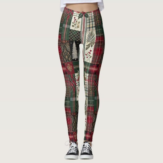 Kerst Rustiek Plakt Traditioneel Groen Patroon Leggings (Voorkant)