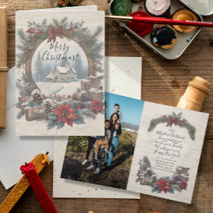 Kerst  Rustieke Pine Krans Familie Foto Bedankkaart