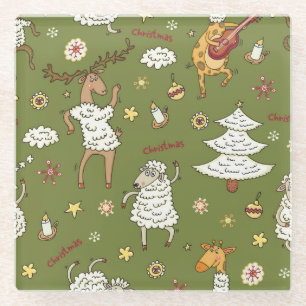Kerst Schaap: Dierlijke  Illustratie. Glazen Onderzetter