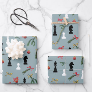 Kerst schaken stukken spel patroon blauw inpakpapier vel