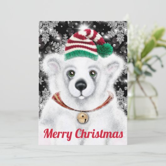 Kerst schattig polar beer welp, Santa beer welp Feestdagenkaart (Staand voorkant)