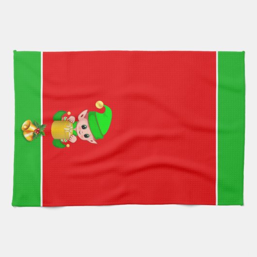 Kerst Schattige Elf op Groen en Rood Theedoek (Horizontaal)