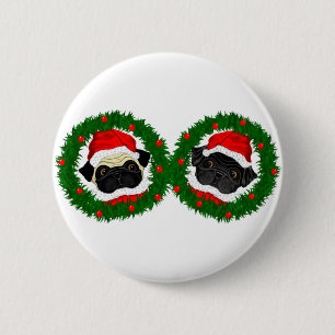 Kerst Schattige Zwart Pug en Fawn Pug Santa Ronde Button 5,7 Cm