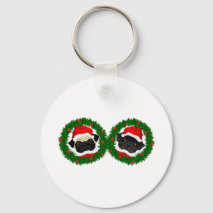Kerst Schattige Zwart Pug en Fawn Pug Santa Sleutelhanger