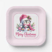 Kerst Schattigee Pinguïn Roze Custom Vrolijk Kerst Papieren Bordje (Voorkant)
