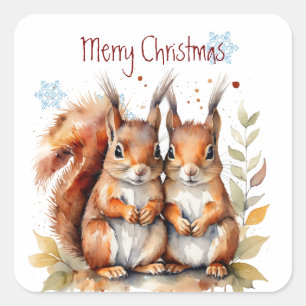 Kerst Schattigee Waterverf Eekhoorns Wildlife Vierkante Sticker
