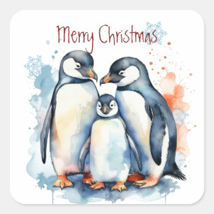 Kerst Schattigee Waterverf Penguin Familiedieren Vierkante Sticker