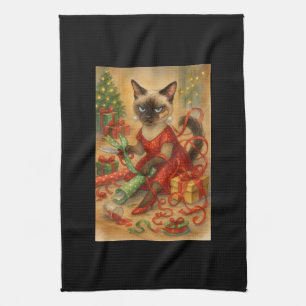 Kerst Siamese Kat Poster Vakantie Thuis Theedoek