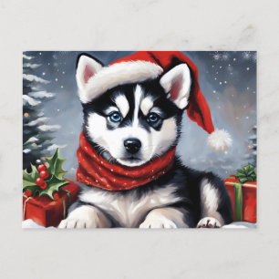 Kerst Siberische Husky Puppy Dragen Santa Hat Feestdagenkaart