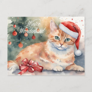Kerst Sinaasappel Kat in Santa Hat Waterverf Feestdagenkaart