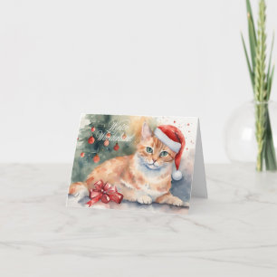 Kerst Sinaasappel Kat in Santa Hat Waterverf Kaart