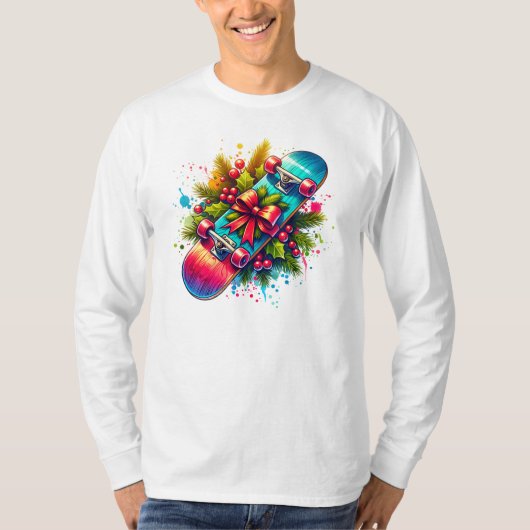 Kerst Skateboard Red Bow Pine Branches T-shirt (Voorkant)