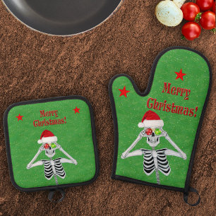 Kerst Skelet Ornamenten Sterren op Groen Ovenwant & Pannenlap Set
