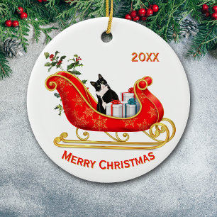 Kerst slee leuk zwart witte kat keramisch ornament
