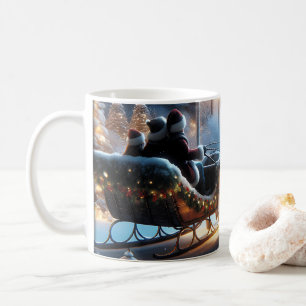 Kerst slee rijden op een besneeuwde nacht koffiemok
