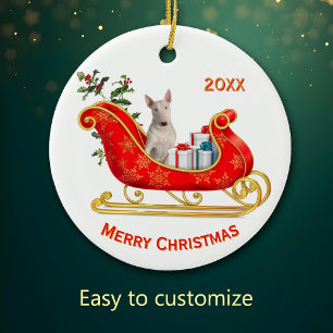 Kerst Sleigh White Bull Terrier Hond Keramisch Ornament