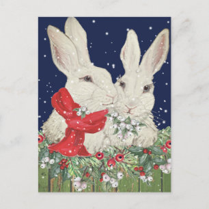 Kerst Sneeuwkonijn Donkerblauw Holly Berry Feestdagenkaart