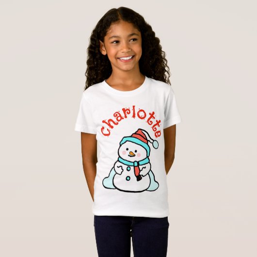 Kerst Sneeuwman Custom Naam Meisjes Wit T-shirt (Voorkant volledig)