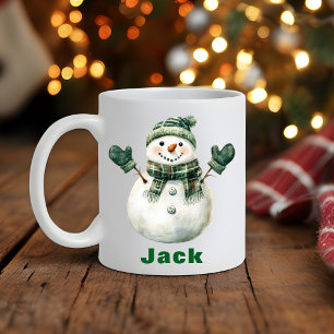 Kerst Sneeuwman Groene Sjaal Custom Name Koffiemok