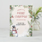 Kerst Sneeuwman Holly Fir en Sneeuw Scene Familie Feestdagenkaart (Staand voorkant)
