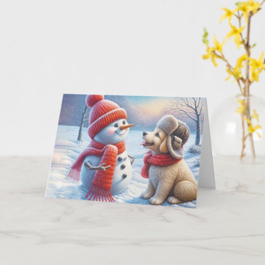 Kerst sneeuwman met hond kaart (Gele Bloem)