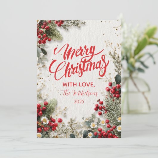 Kerst Snowy Greenery en bessen Feestdagenkaart (Staand voorkant)