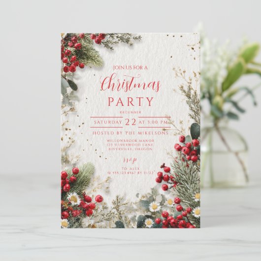 Kerst Snowy Greenery en bessen Kaart (Staand voorkant)