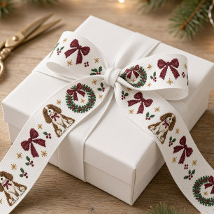 Kerst Spaniel Honden Burgundy Strikken Naaldkant Lint